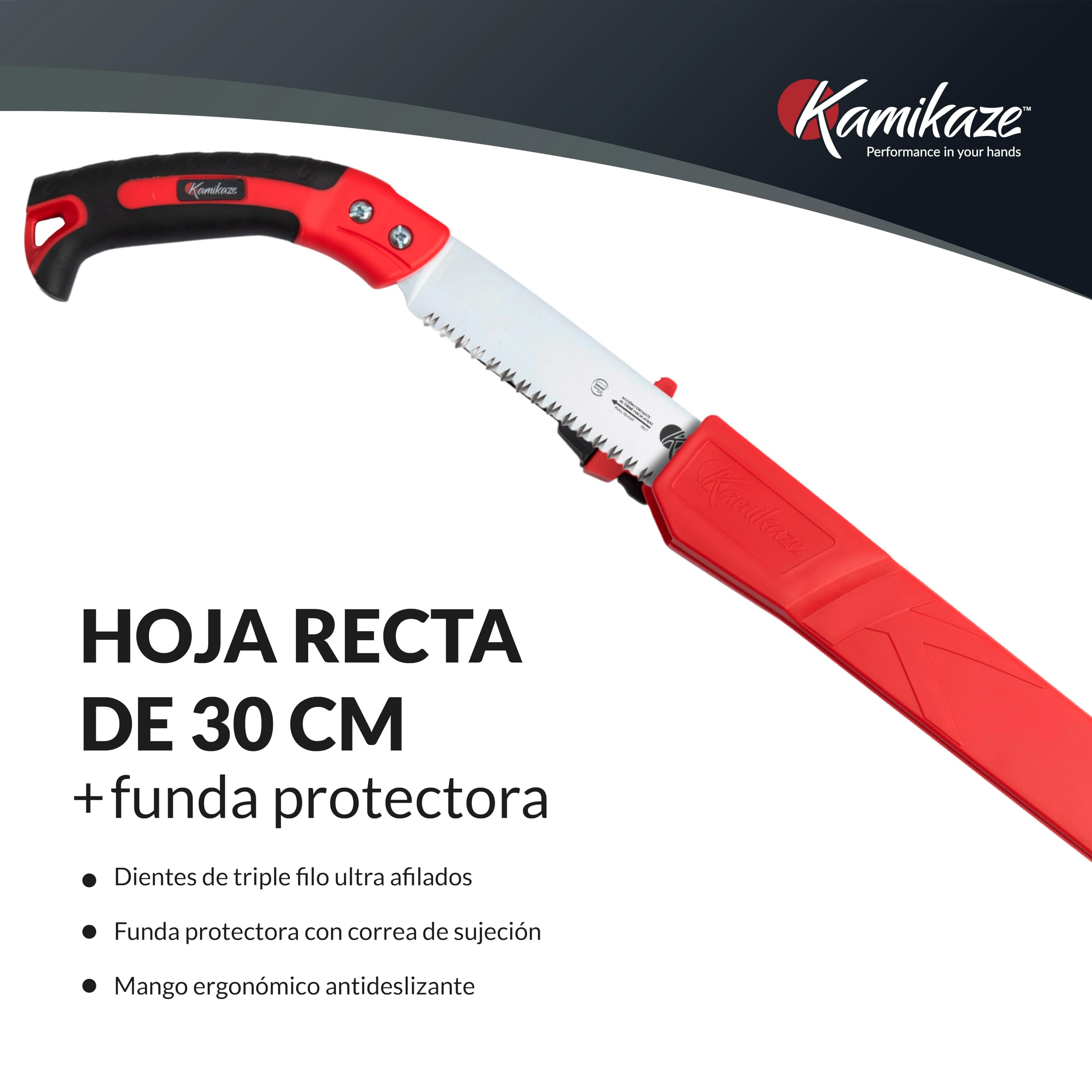 KAMIKAZE Serrucho de Poda Recto S-300H. Serrucho con Dentado Japonés de Hoja Recta 300mm. Sierra para Madera con Hoja de Acero SK-4 Rico en Carbono de Alta Durabilidad. Incluye Funda.