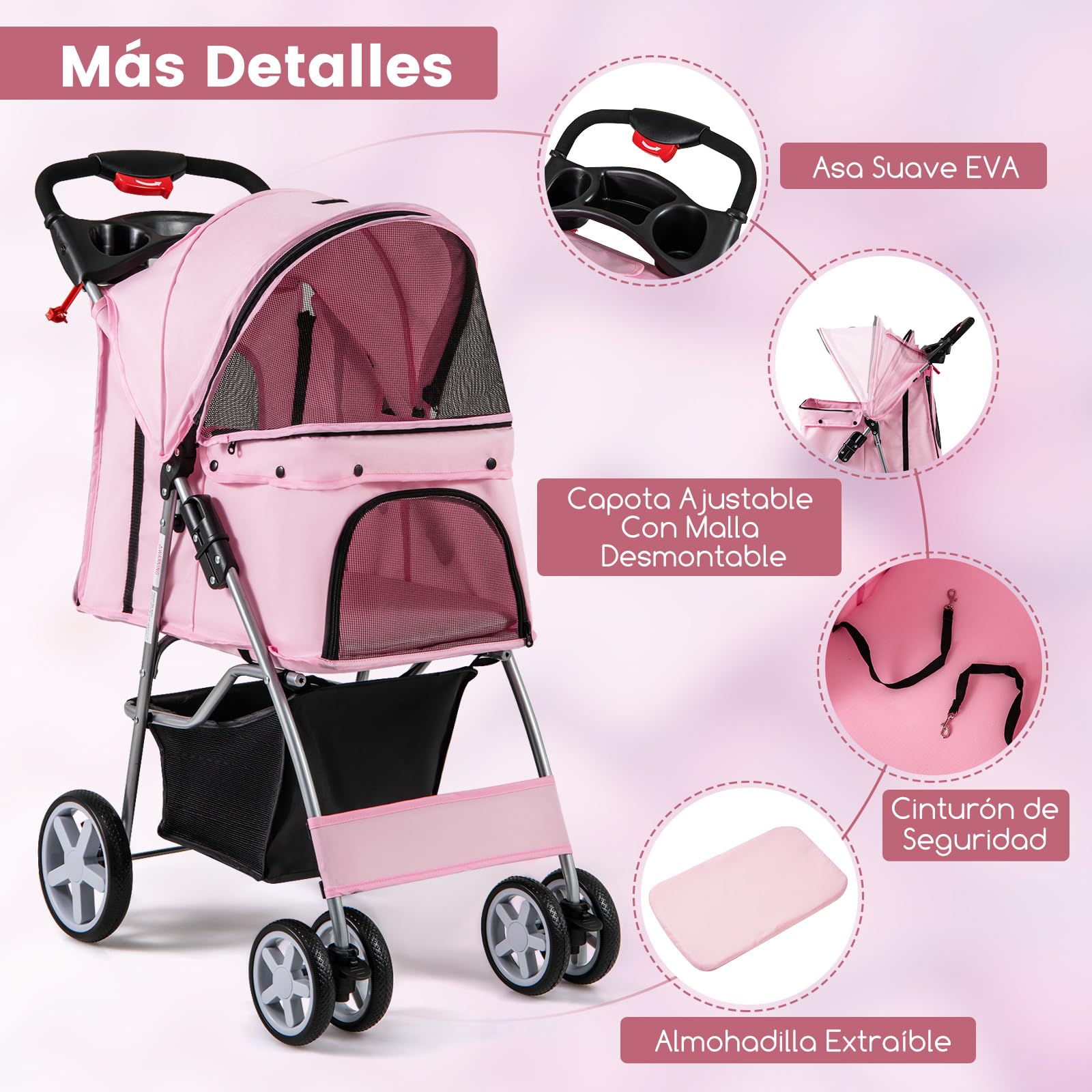 COSTWAY Cochecito para Mascotas Plegable, Cochecito de Mascotas de 4 Ruedas para Gatos/Perros, Carrito para Gatos con Cesta de Almacenamiento y Ventana de Malla impermeable (Rosado)