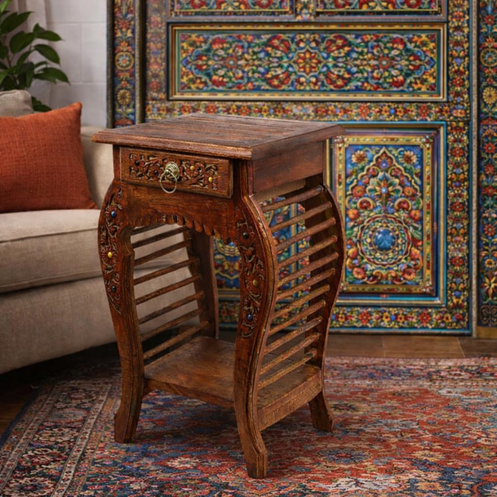 ElegantCraft Antique Look Wooden Stool with Drawer – Solid Wood Side Table for Living Room, Bedroom & Bedside | Handcrafted Vintage End Table-image-33