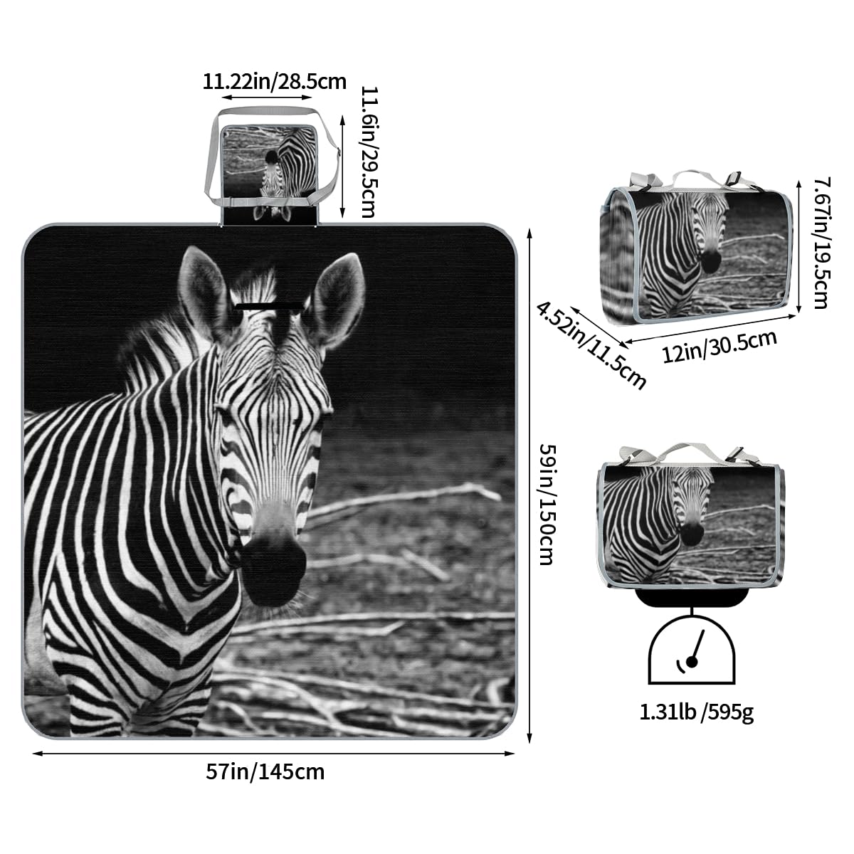 Shimoshe Picnic Blankets 57”x 59”, Modern Art Zebra Pattern Waterproof Sandproof Picnic Mat Lightweight Foldable Beach Blanket for Camping Park Grass Beach Outdoor Blanket