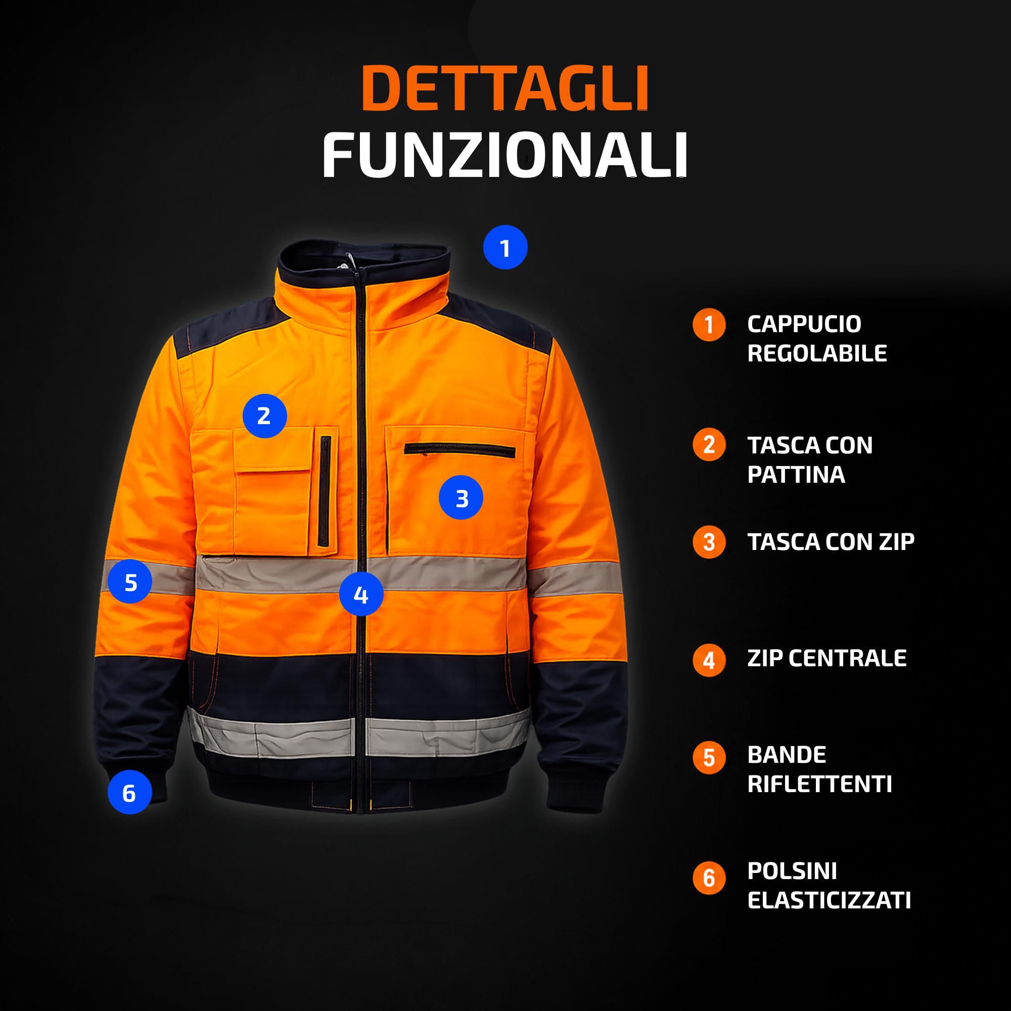 Giacca ad Alta Visibilità Softshell Imbottita con Catarifrangenti, Anti-Pioggia, Arancione/Blu Navy