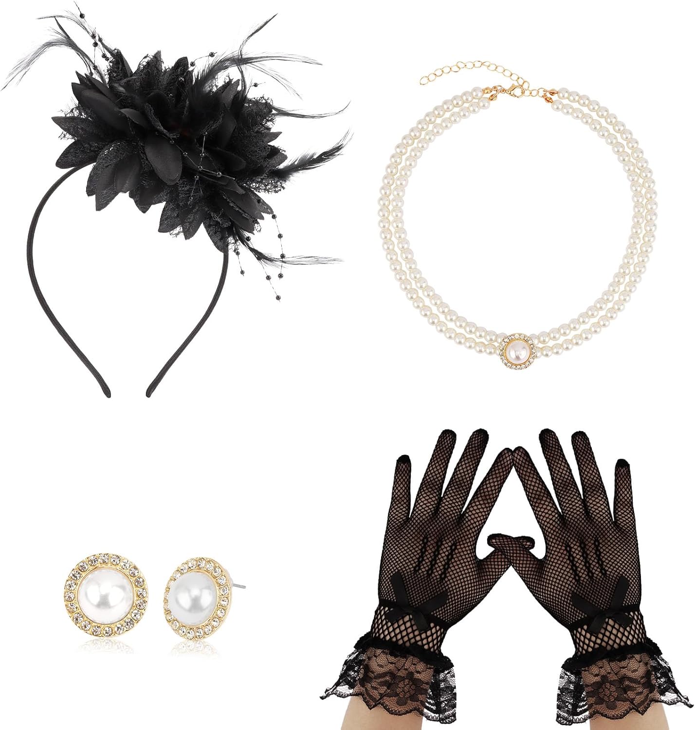 Tea Party Hats for Women, Black Fascinator Set with Feather Headband, Lace Gloves & Pearls for Wedding Party Birthday Women Clothing Accessories - Image 7