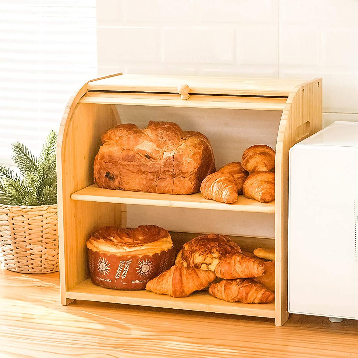 Caja de pan de bambú de doble capa para encimera de cocina, caja de pan de doble capa, contenedor de almacenamiento de capacidad extragrande, caja de pan de granja