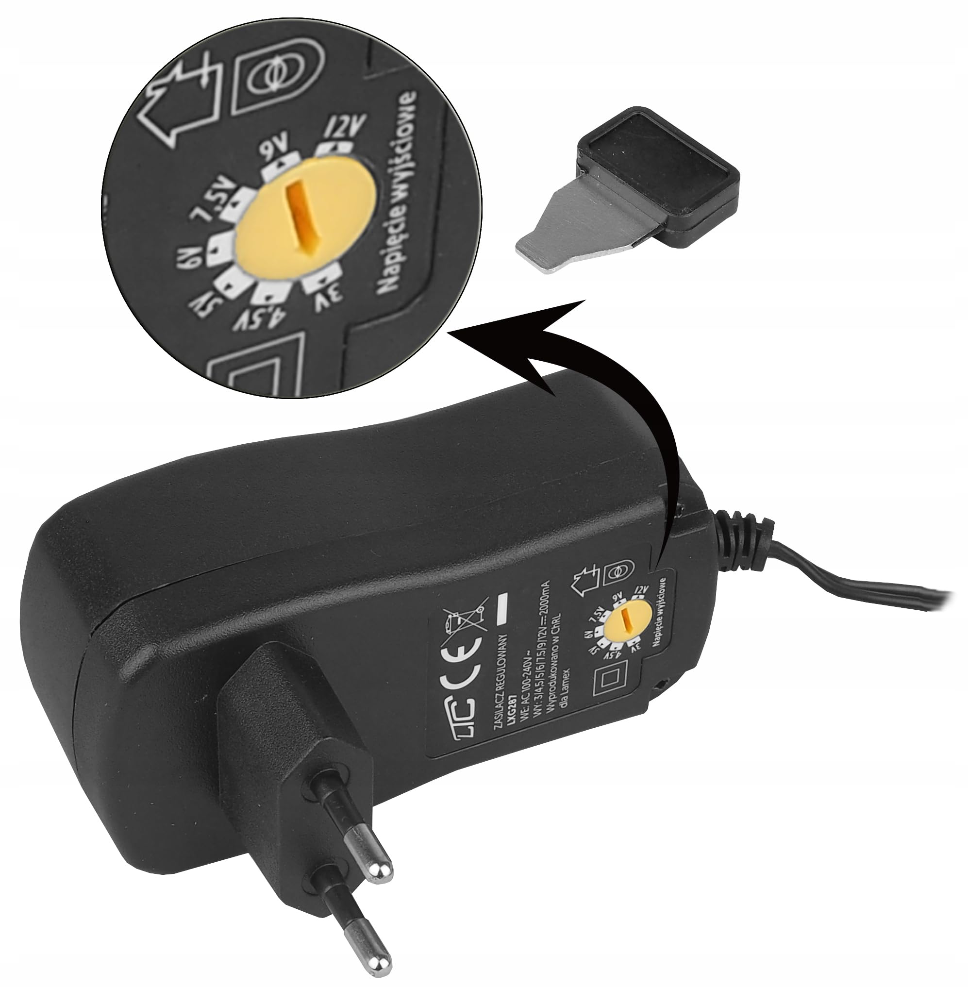 LTC - Universal Netzteil 3 V-12 V / 2000 MA, Stabilisiert, mit austauschbaren Steckern und Spannungsregelung - Vielseitig einsetzbar - 90mm x 45mm x 65mm