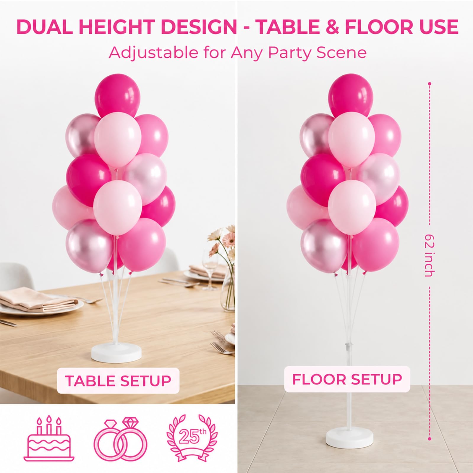 Kit de support de colonne de ballons rose métallique pour sol avec poteau de base, pour fête