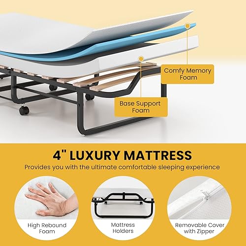 Miniatura 3 de Giantex Cama plegable con colchón para adultos, cama plegable tamaño catre para invitados, cama plegable portátil con colchón de espuma
