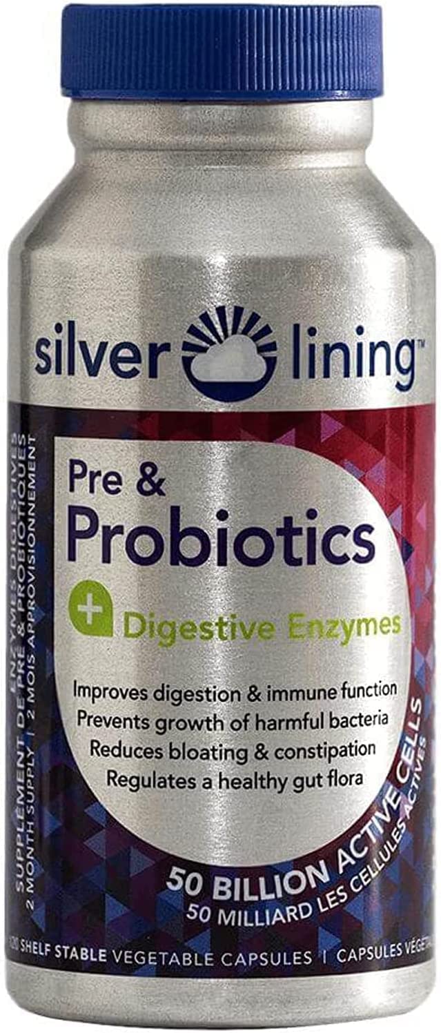 Silver Lining Pre & Probiotics + Digestive Enzymes | 50 Billion CFU/Active Cells | Digestive & Immune Function Support, Reduces Bloating | Shelf-Stable Formula | 120 Count (Pack of 1)
