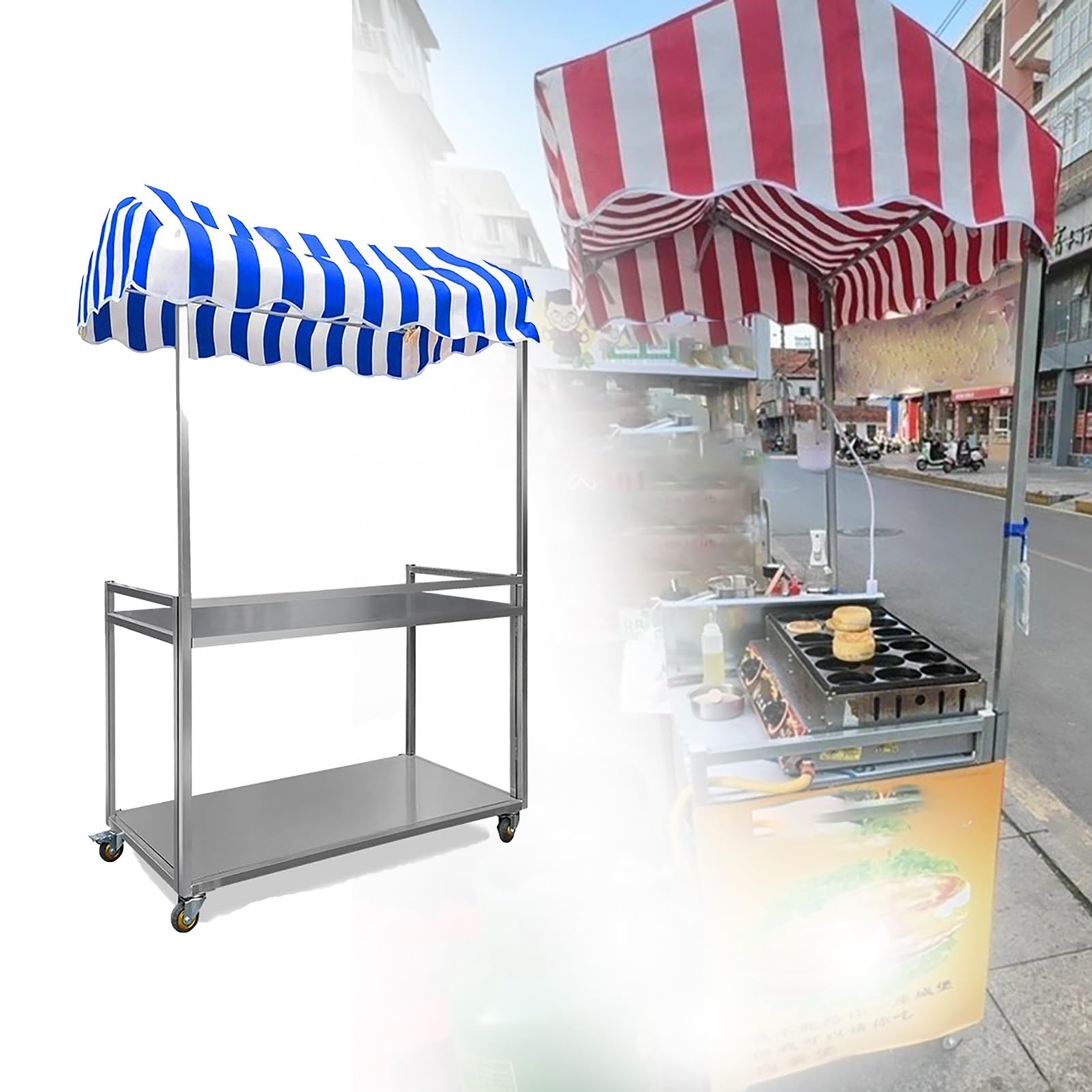 Carrito plegable portátil para perros calientes y helados, carrito de servicio de 2 niveles con cerradura, ideal para catering y eventos, uso profesional, color azul