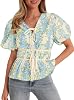 Blusa de mujer Cicy Bell con mangas abullonadas y lazo al frente, verano, estilo babydoll, escote en V, casual elegante, con pliegues, estampado floral, certificación Global Recycled Standard 1