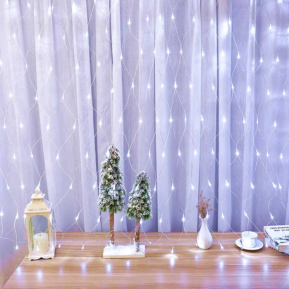 Guirlande lumineuse solaire 200 LED 3 m x 2 m en maille avec 8 modes pour fenêtre, mur, table en cœur, camping, plage (blanc)