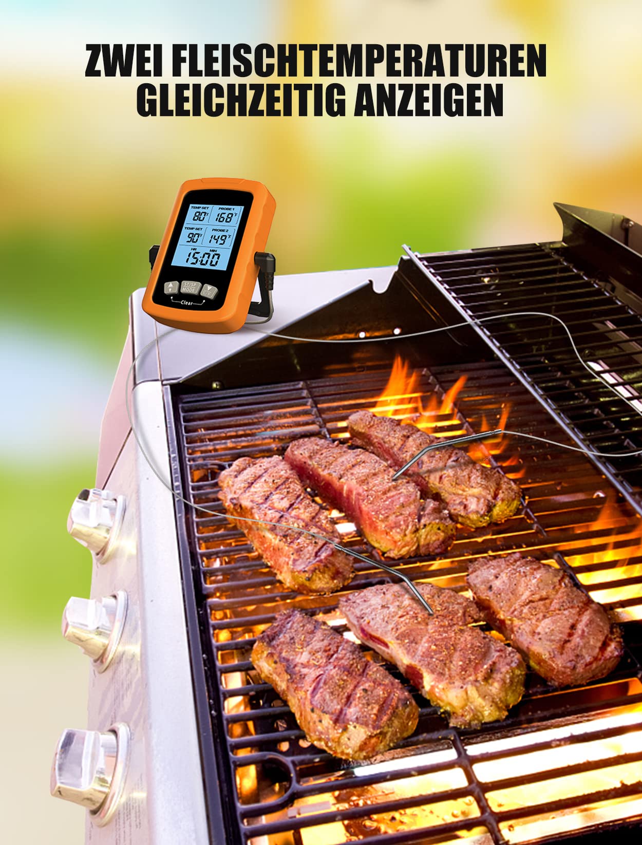 CIRYCASE Fleischthermometer Digital, Schnell & Präzise Ablesbares Ofenthermometer mit Zwei 16,3cm Edelstahlsonden, Grillthermometer mit Auto ON/OFF, Timer & LCD Bildschirm, für Kochen, BBQ, Küche