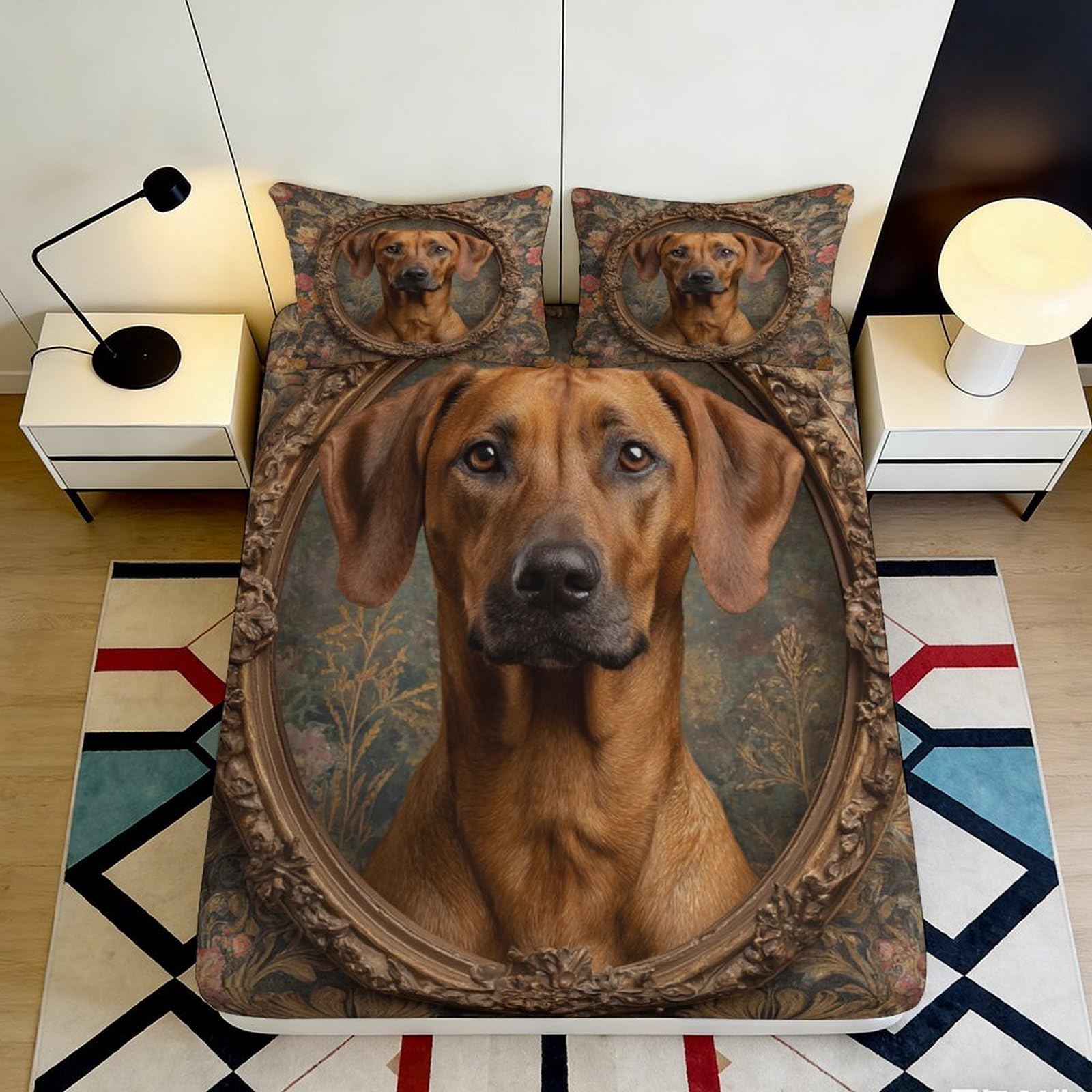 3D Printed Vintage Dog Portrait Fitted Sheet Microfiber Soft Breathable Artistic Frame Bed Cover for Bedroom Dormitory Guest Room Mattress Protection 90x200x25cm