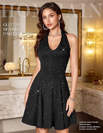 HomRain Glitter Sparkle V Neck Cocktail Dress for Women 2026 A Line Backless Halter Sequin Homecoming Evening Party Dresses