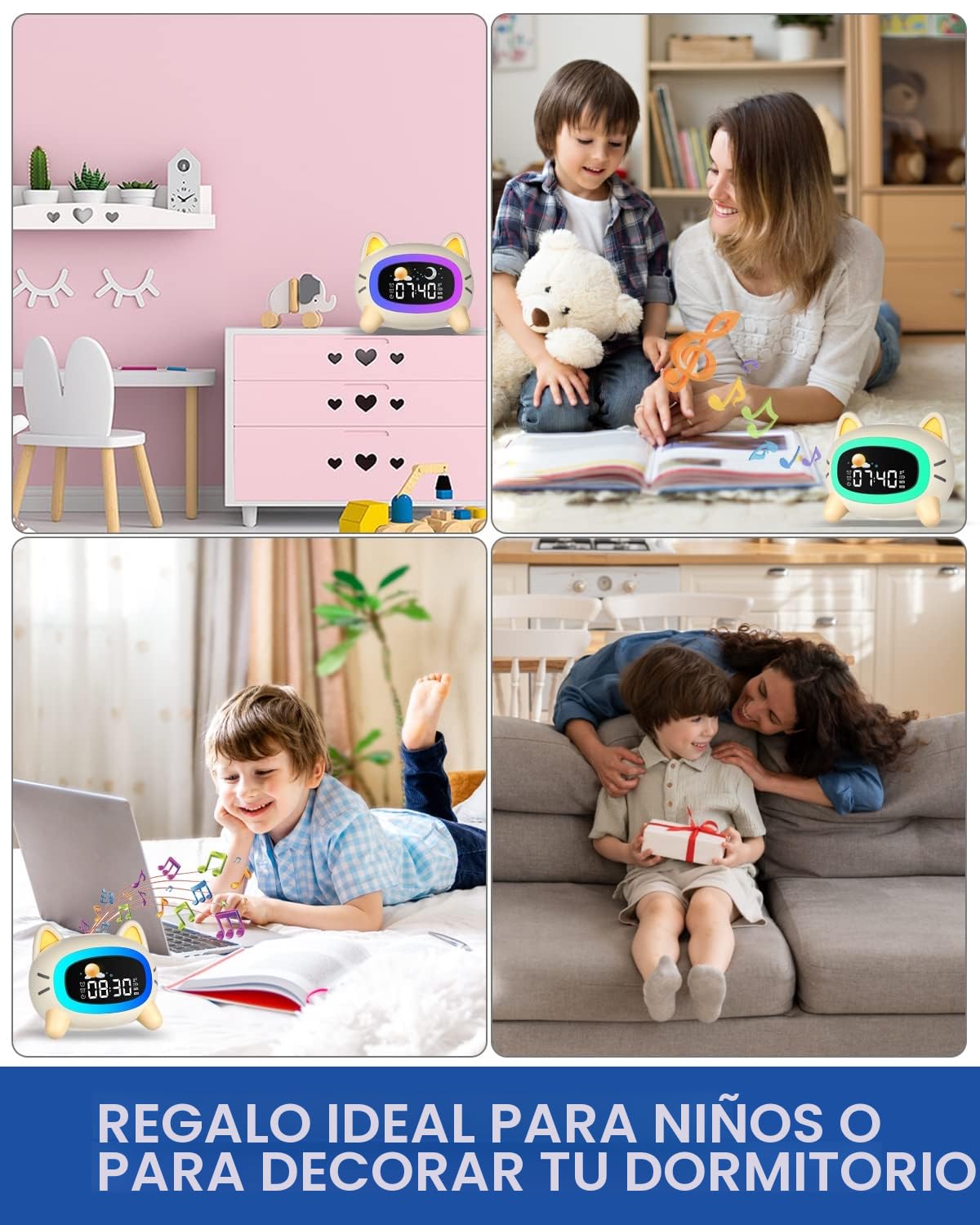 Uplayteck Relojes Despertadores para Niños, Luces-Despertador Infantiles con 5 Luz Nocturna 4 Niveles de Luz Ajustables y 7 Música para Dormir, Recargable Despertador con Función Snooze para Niños