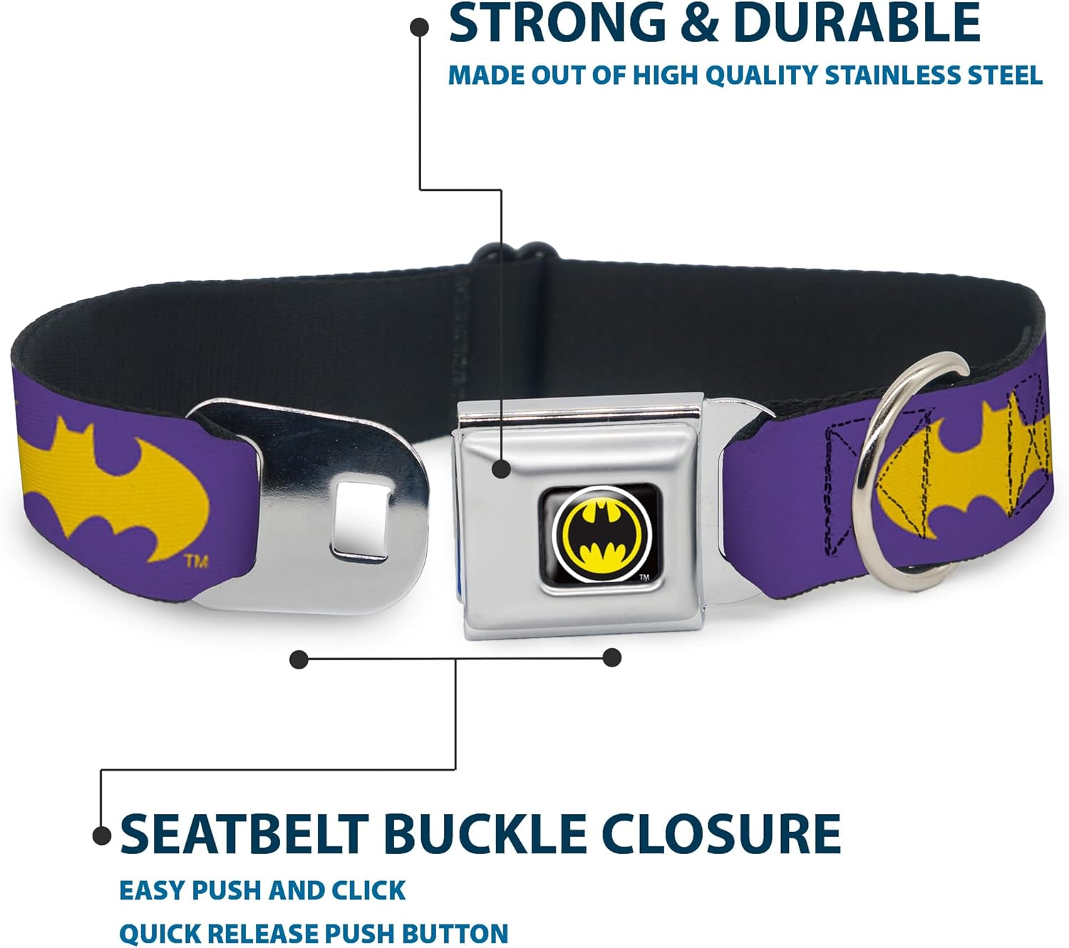 Buckle-Down Dog Collar Seatbelt Buckle Batman Signal Purple Yellow, Multicolor, 1.5"" Wide - fits 13-18"" Neck - Small (DC-WBM216-WS)