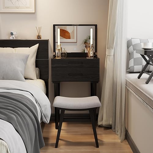 Escritorio pequeño de madera maciza con espejo y luces, tocador de maquillaje estrecho para espacios pequeños, mesa auxiliar de tocador abatible, 3