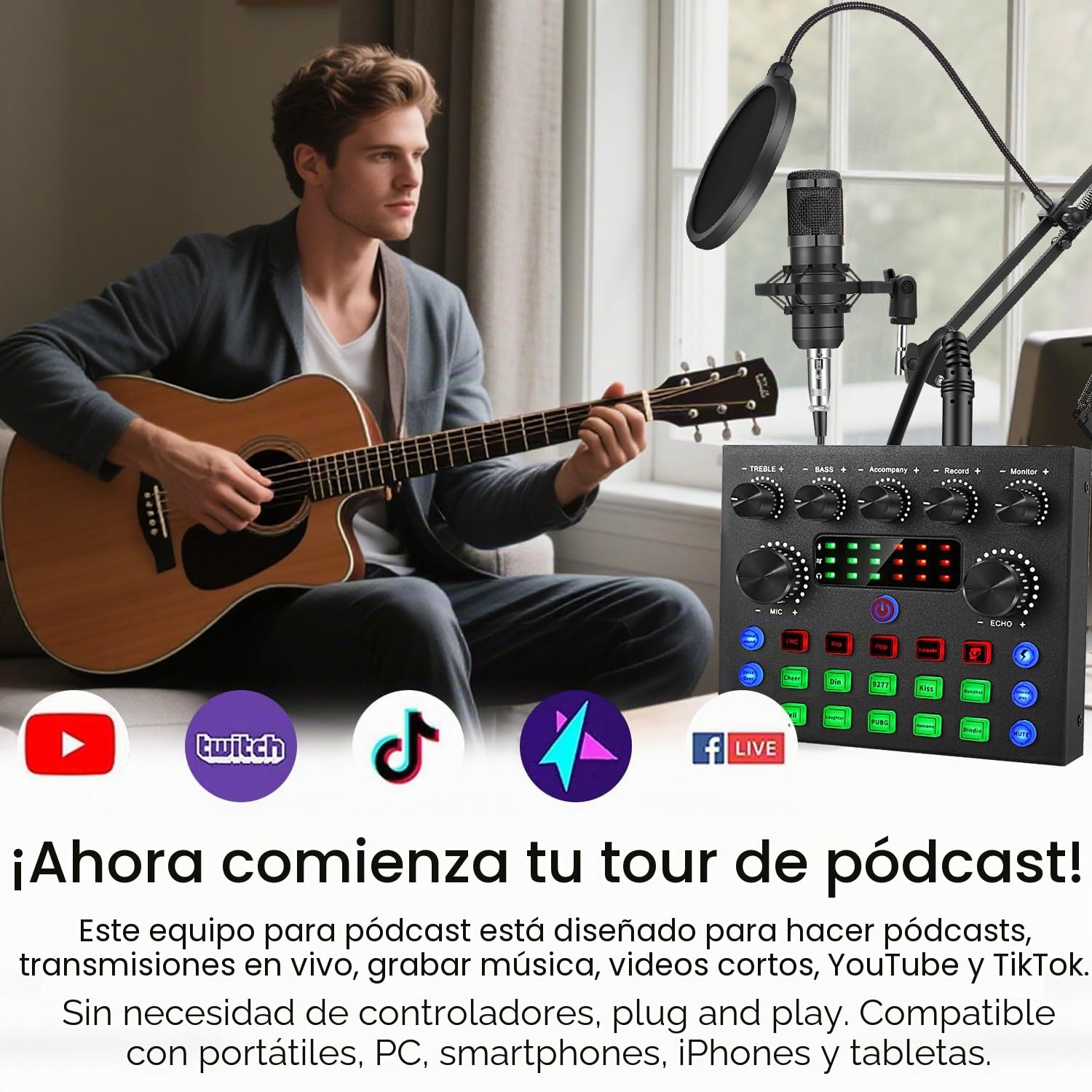 Paquete de equipo para podcast, cambiador de voz y micrófono de condensador, set de micrófonos para podcast para gamers, podcasting, grabación, canto y streaming