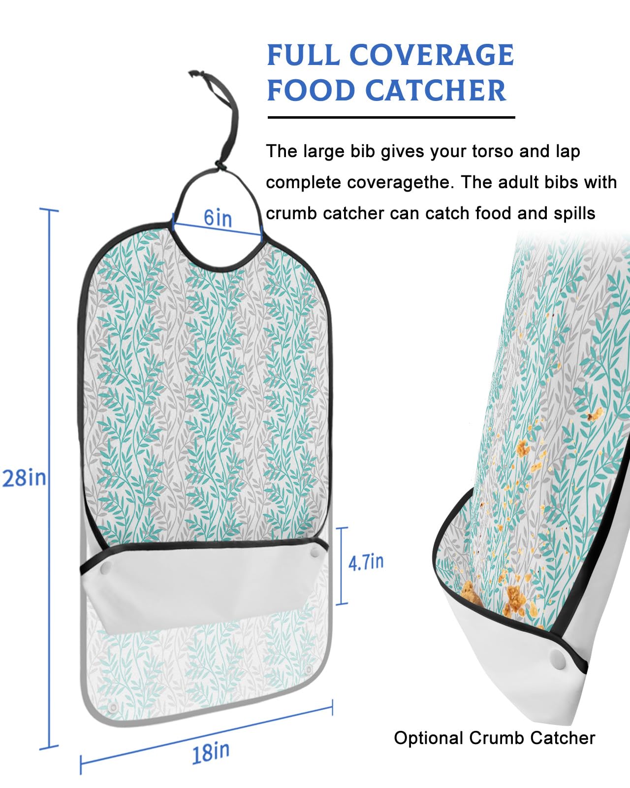 Jolunifun Turquoise Grey Leaves Adult Bib for Adults Men, Women, Washable & Adjustable Terry Cloth Bib with Crumb Catcher Reusable Waterproof Clothing Clothes Protector Apron Fall Winter Flower Plant