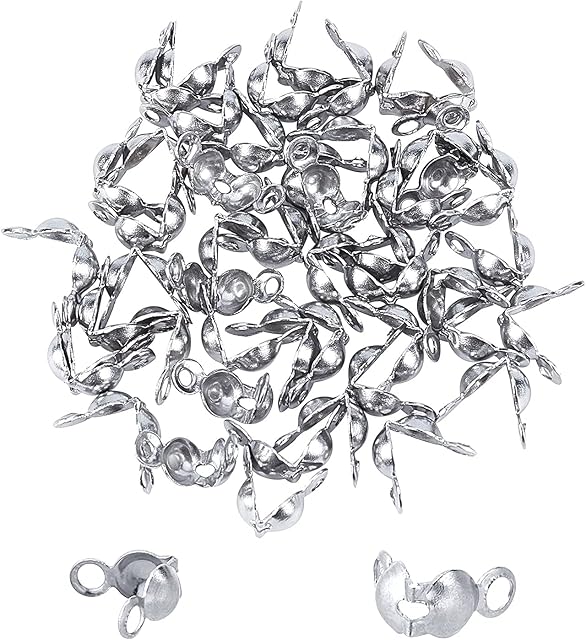 UNICRAFTALE 50pcs 304 Stainless Steel Bead Tips Calotte Ends Clamshell Knot Cover Cord End 2mm Small Hole End Caps Knots & Crimp Findings Crafts for DIY Jewelry Making 6.8x8.5mm