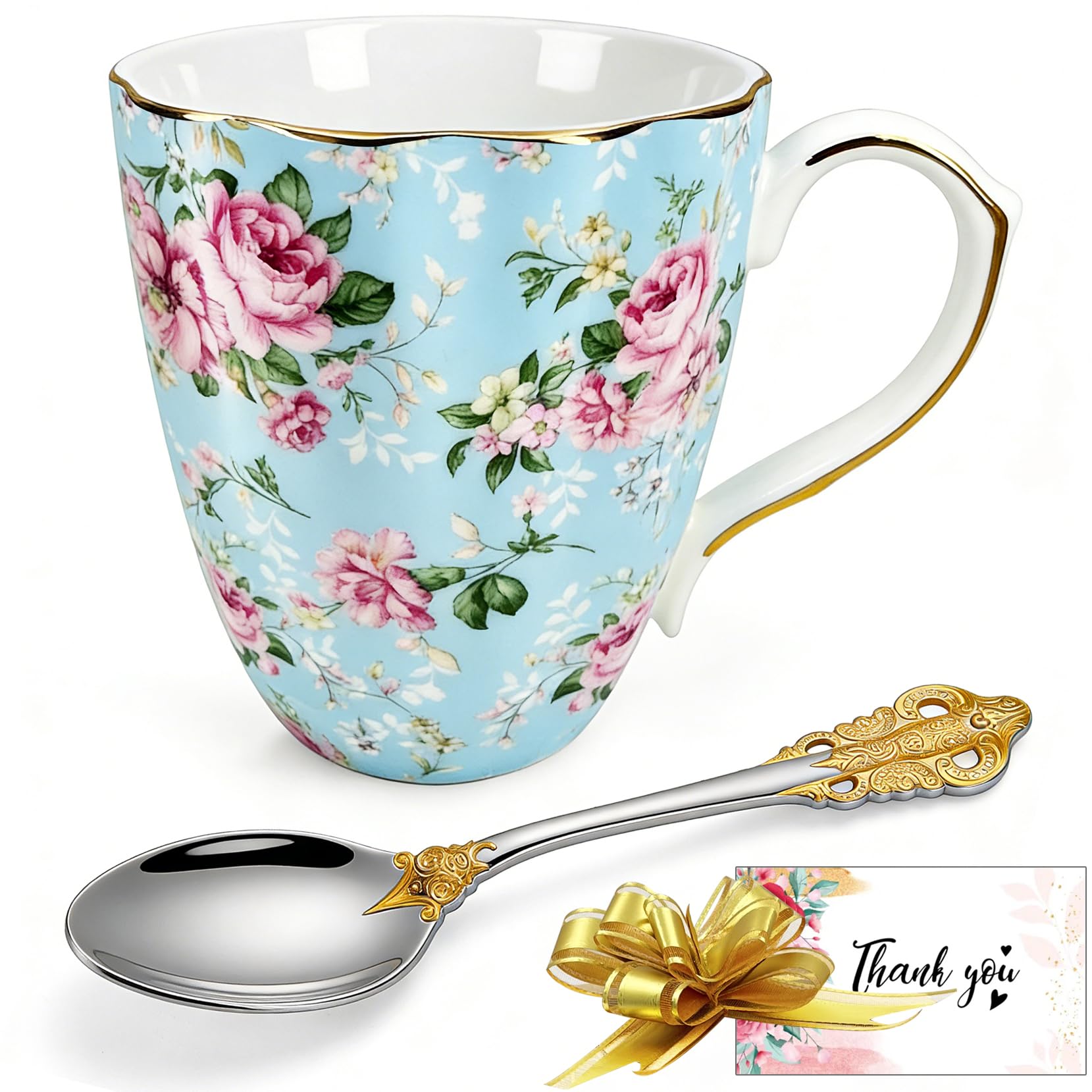 TEVLAUXO Coffee Mugs,Bone China,with gold trim,Floral Flower Vintage Pattern,Fine Porcelain Tea Cups,pretty Large Ceramic with Handle,Spoon,Gift Box