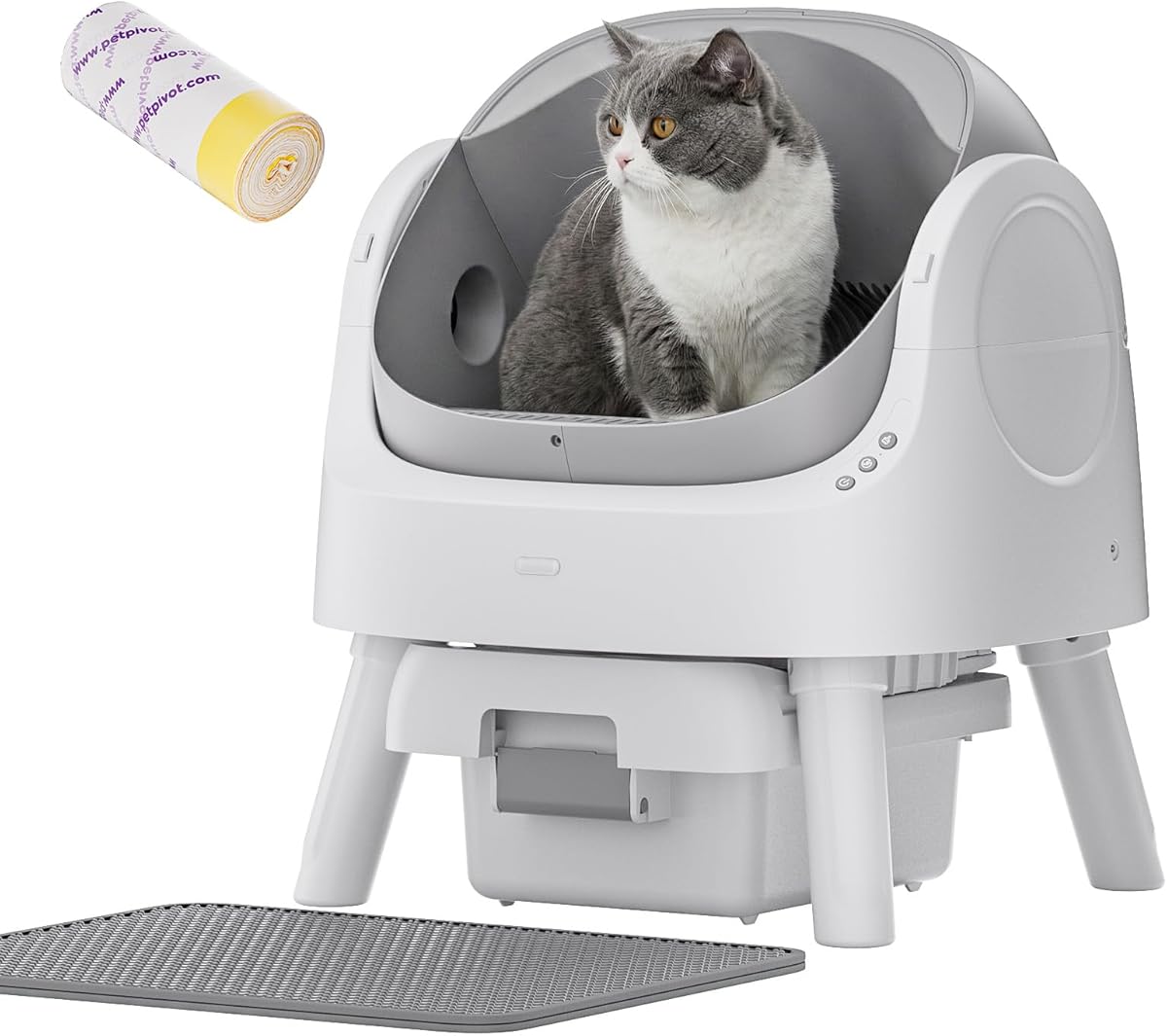 PetPivot Automatic Litter Box for Cats, Open-Top Design with Safety Sensors, Includes Liners and Litter Mat, Suitable for Multi-Cat Homes, Grey