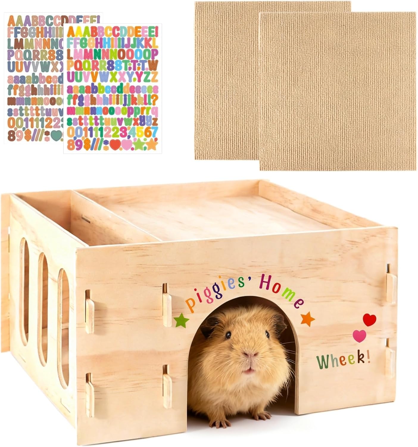 Wooden Guinea Pig Hideout House with Hay Rack - Sturdy Small Animal Habitat Hut for Chinchillas, Hamsters & Small Pets - Includes 2 Reusable Mats & 2 Letter Sticker Sets