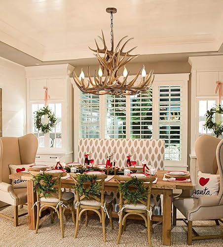 Miniatura 6 de Candelabro rústico de cornamenta de 9 luces, lámpara de araña de cornamenta de ciervo de granja, accesorios de luz retro de cuernos, marrón E12 para