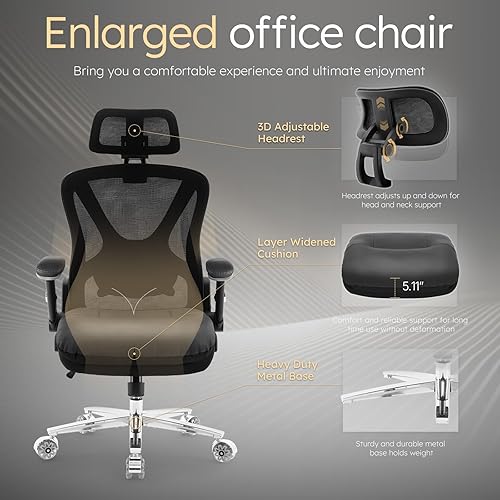 Miniatura 6 de Silla de oficina grande y alta de 750 libras, silla de oficina resistente con brazos abatibles 5D y soporte lumbar ajustable, silla de escritorio