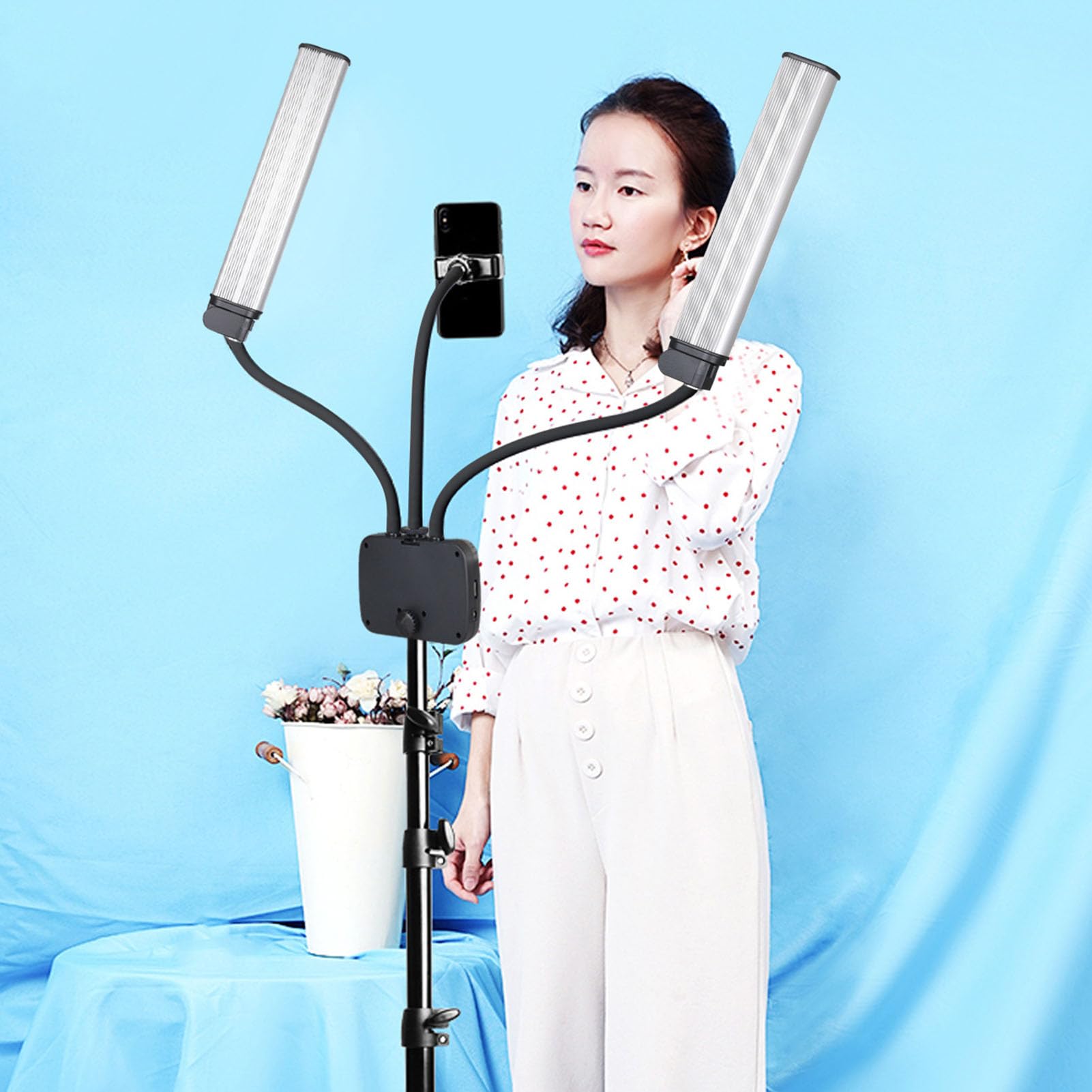 POENVFPO Luz de Vídeo LED de Brazos Dobles, Temperatura de Color Ajustable 45W 3000K a 6500K Luz de Relleno LED de Brazos Dobles Flexible USB con Soporte para Teléfono