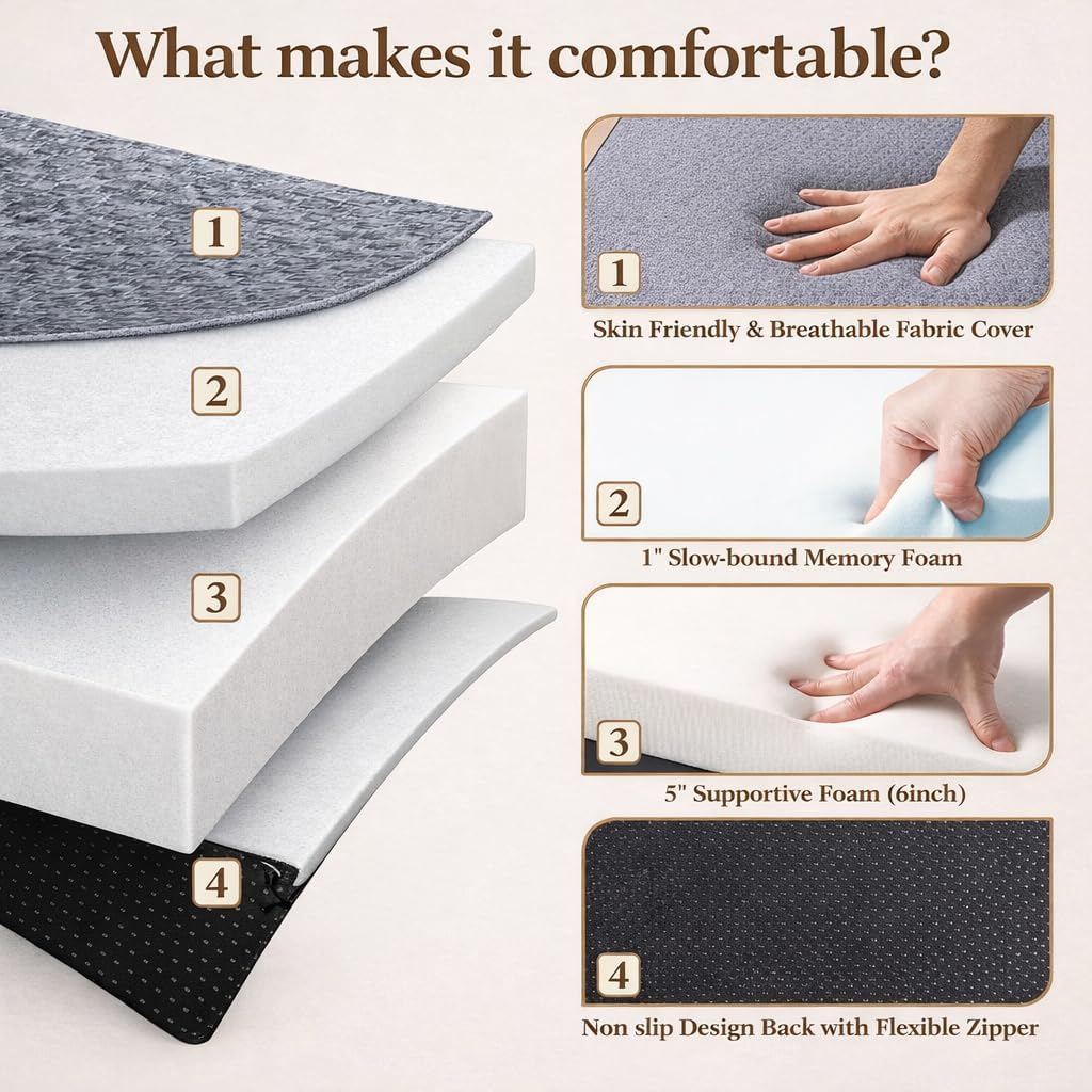 Tri Fold Mattress Twin Size with 2 Washable Removable Covers, 75×38×6 Folding Memory Foam Floor Mat Portable Guest Bed with Non-Slip Bottom for Camping, Travel & Guest Room