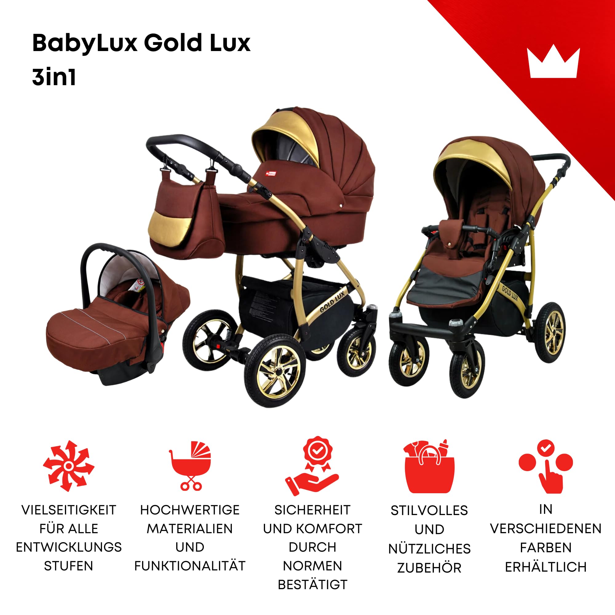 BabyLux® Carrito de Bebé Sistema de Viaje Set 3 en 1 - Gold Lux - incl. Capazo, Silla de Paseo, Silla Coche - Cochecito - con Bolso cambiador, Cubierta para la lluvia, Mosquitera etc.