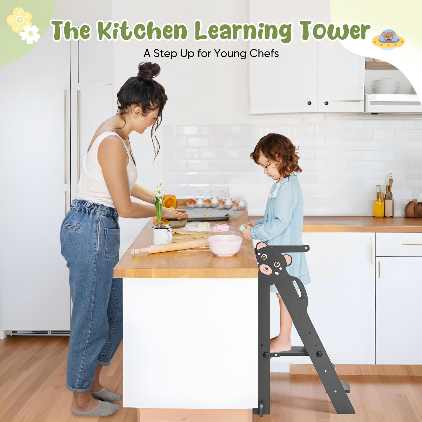 Montessorianischer Klappturm für Kinder, Montessori Learning Tower höhenverstellbar 18 Monate Kinder für Montessori Learning Küche aus Naturholz (Schwarz aktualisiert)
