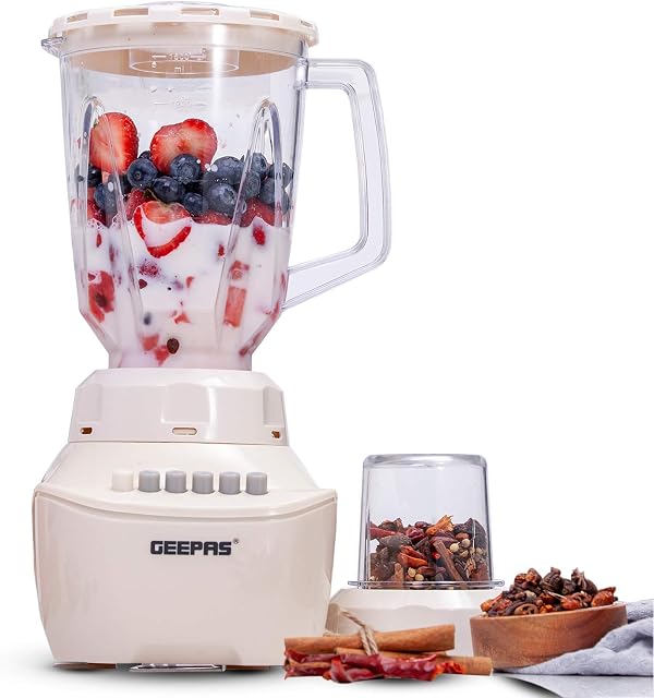 Geepas 400W 2 in 1 Multifunctional Blender | Stainless Steel Blades, 4 Speed Control with Pulse | 1.5L Jar, Overheat Protection | Chopper, Coffee Grinder & Smoothie Maker | 2 Year Warranty