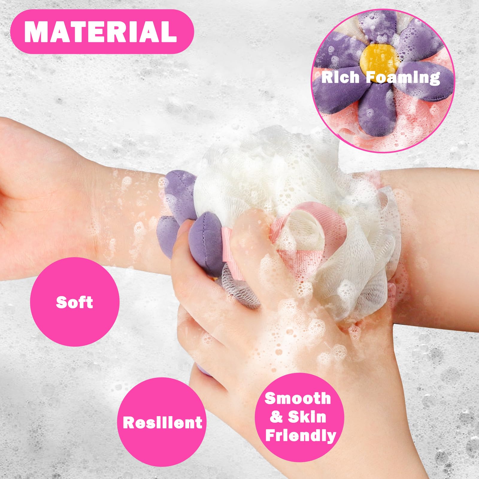 2 esponjas de baño de flores bonitas de malla de lufa, esponja exfoliante para mujer, esponja de ducha suave para piel sensible en accesorios de baño de belleza