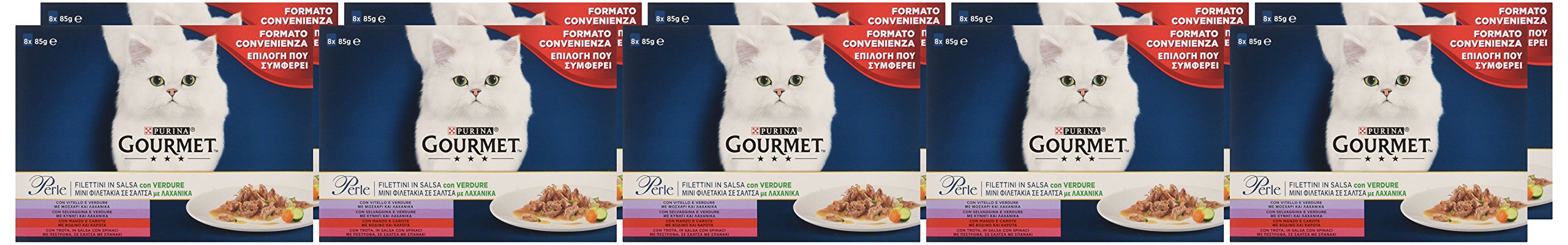 Purina Gourmet Perle Húmedo Gato Filetti en Salsa con Verduras con Ternera, Salvaje, Ternera, Trucha - 80 Sobres de 85 g Cada una (10 Paquetes de 8 x 85 g)