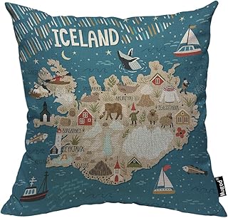 Mugod Map of Iceland Throw Pillow Cover Iceland Landmarks People Animals Nature Places Boat Decorative Pillow Cases Square Cotton Linen Cushion Cover for Home Bed Sofa Couch 16x16 Inch