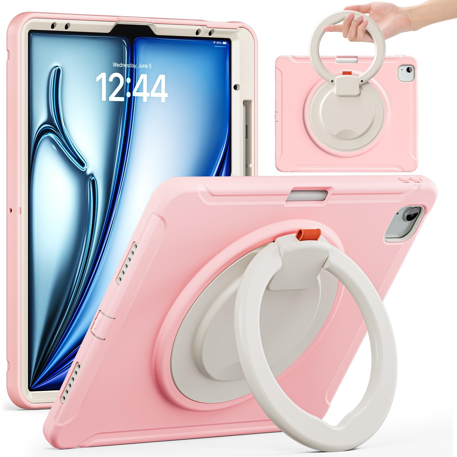 Custodia Robusta for iPad Air 13 pollici Custodia M4 / M3 / M2 (2026/2025/2024), Custodia protettiva antiurto Robusta custodia protettiva for paraurti ibrida con impugnatura, supporto girevole(Pembe)
