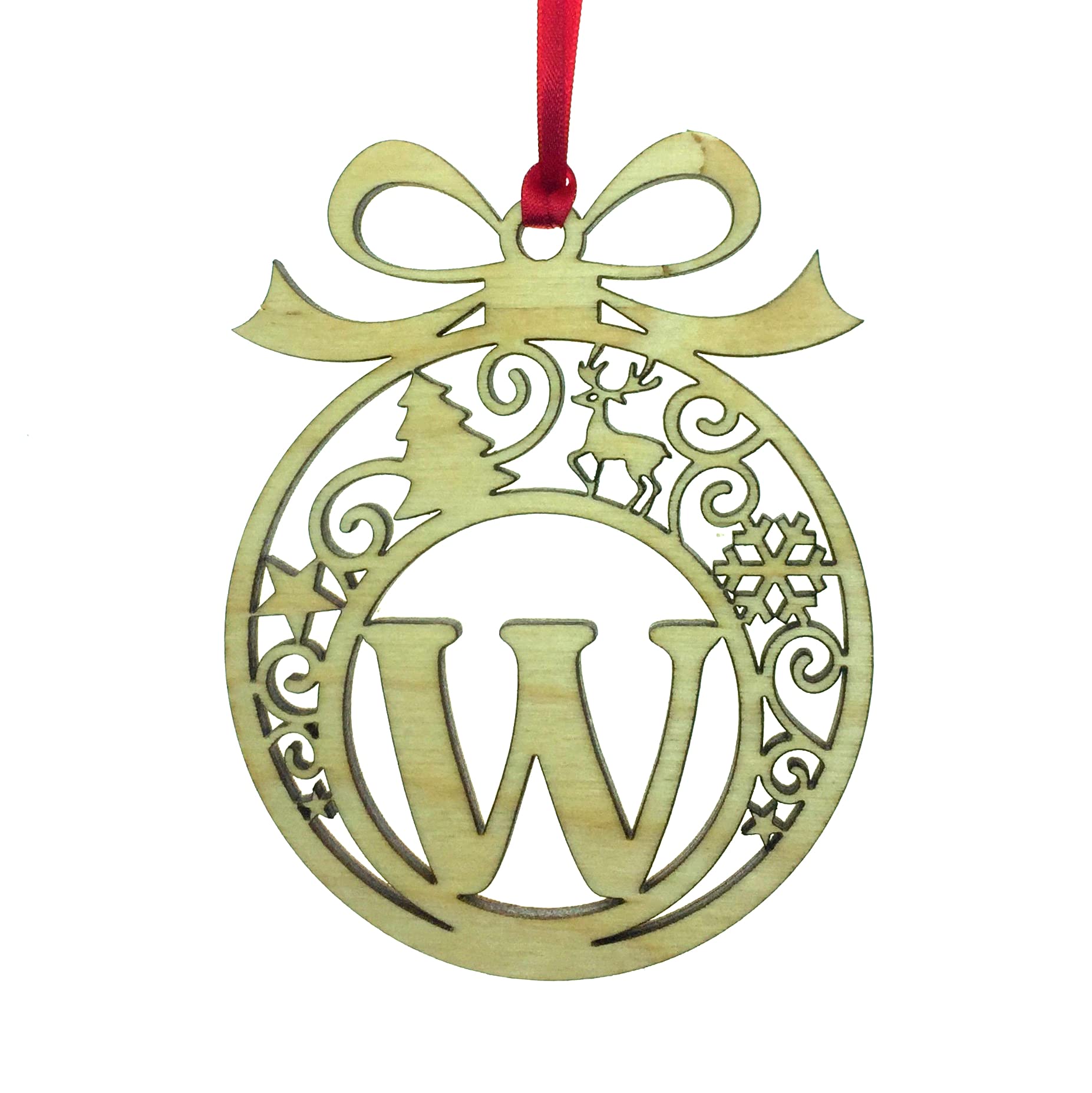 Personalised Christmas tree bauble decoration pendant ornament: Letter W, Natural Wood, Small