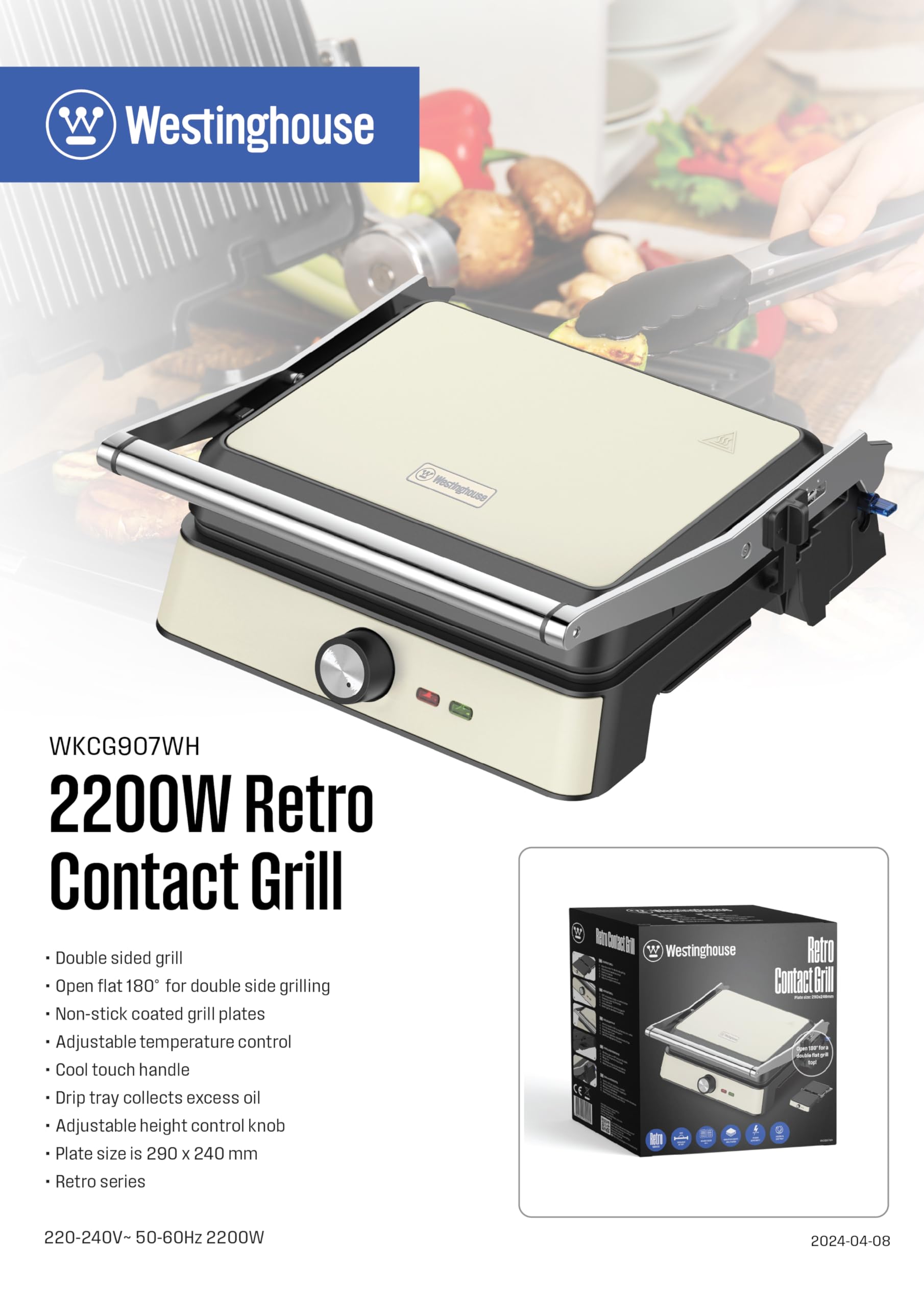 Westinghouse Parrilla Retro Contact Grill - 29 x 24 cm - 180° para asar a doble cara - 2200W - Tostadora - Control de temperatura ajustable - Parrilla Panini - Hierro Tostado - Blanco