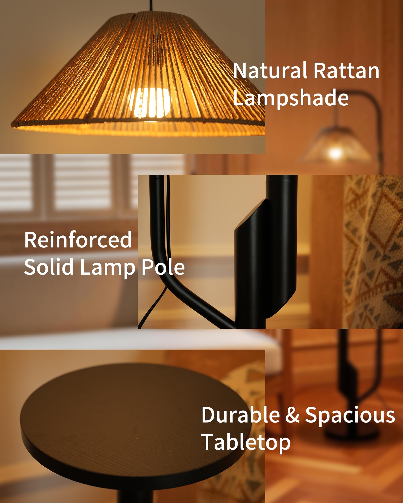 Stehlampe Wohnzimmer Rattan mit Ablage – Boho Stehleuchte E27 mit gewebtem Lampenschirm, 3 Farbtemperaturen einstellbar per Fußschalter, 175cm hoch für Schlafzimmer WOVI FL15
