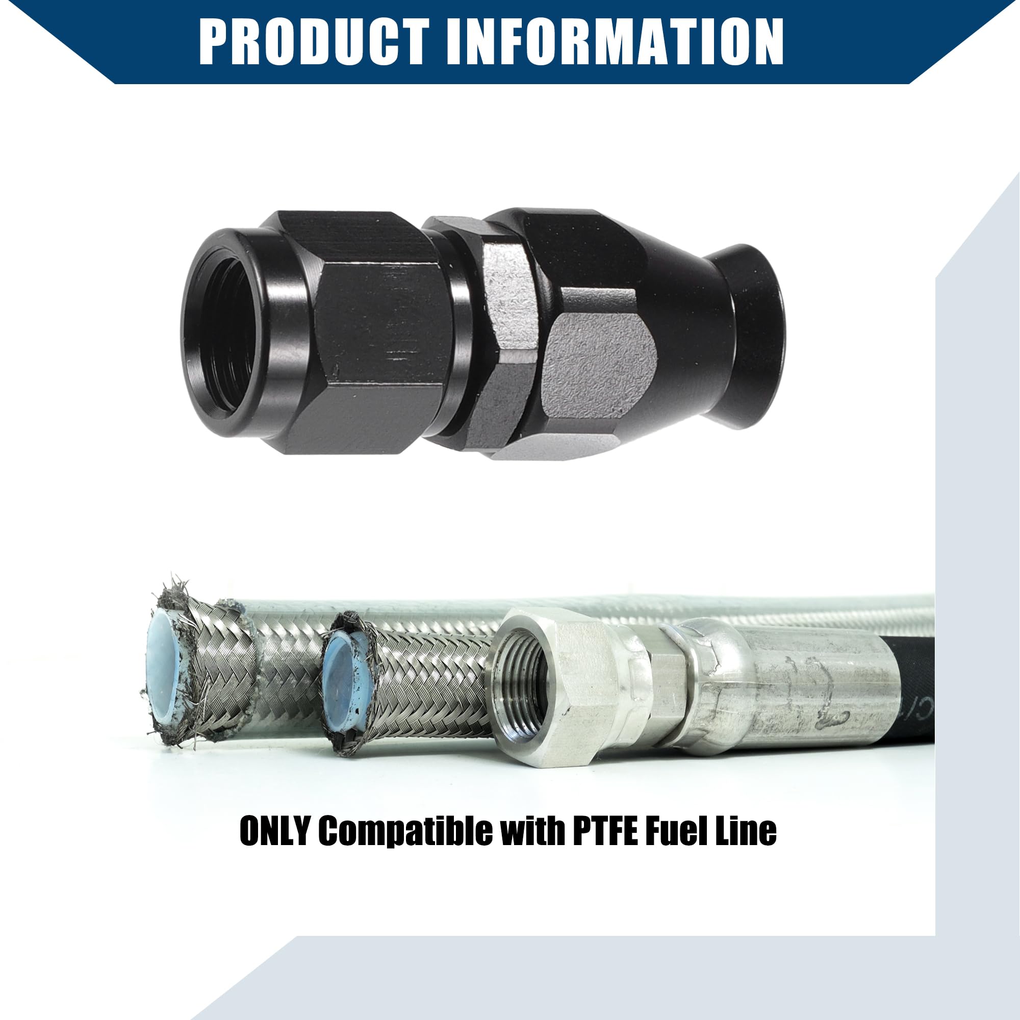6-Piece PTFE Hose End Fittings – 6AN Straight, 45° & 90° (Black Anodized)