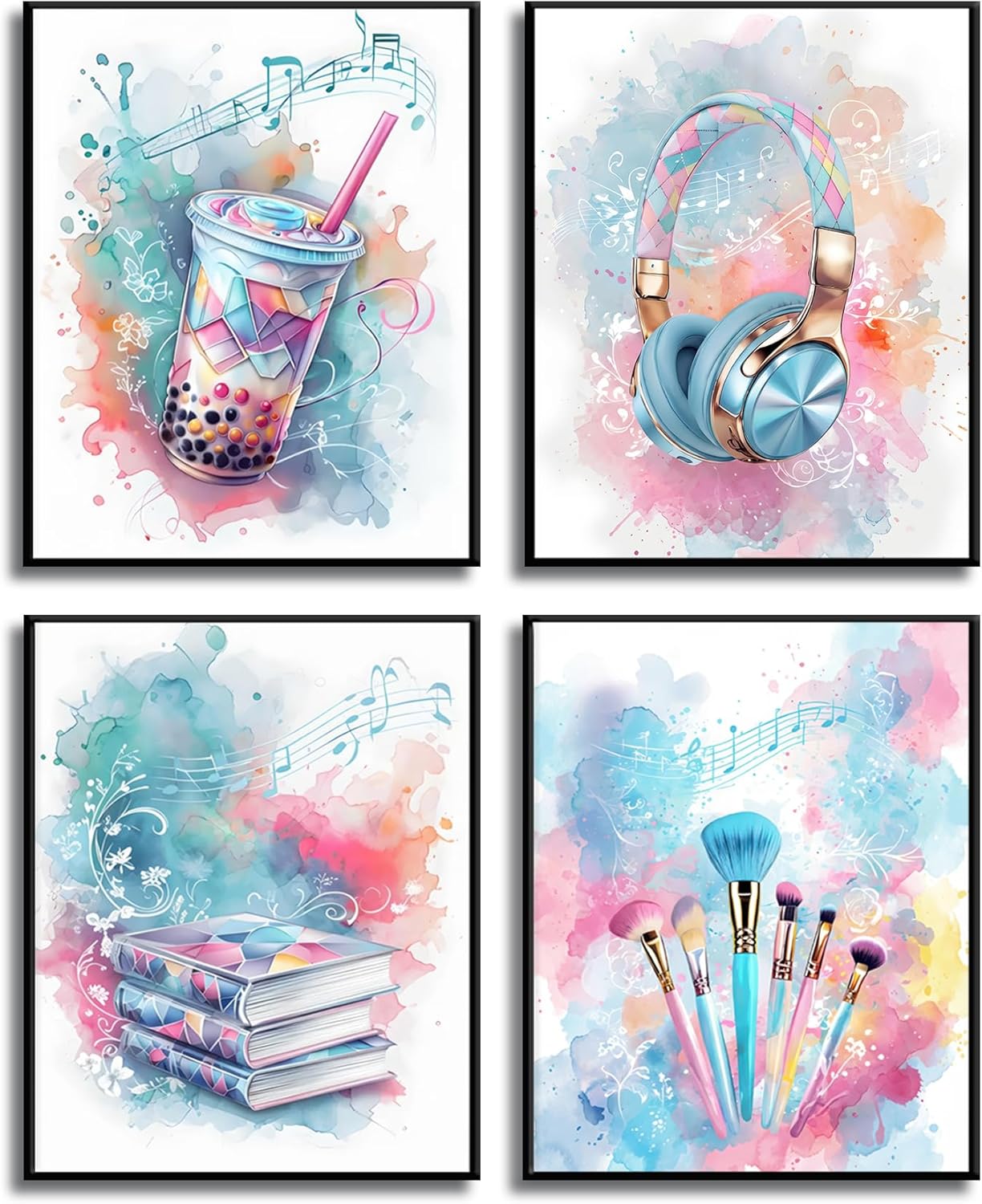 3Pcs Tween Teen Girls Bedroom Wall Art Pictures Teenager Music Lovers Posters Wall Decor Sage Green Rose Gold Silver Painting Perfume Makeup Brushes Headphones for Mature Girl Dorm 16x24in canvas