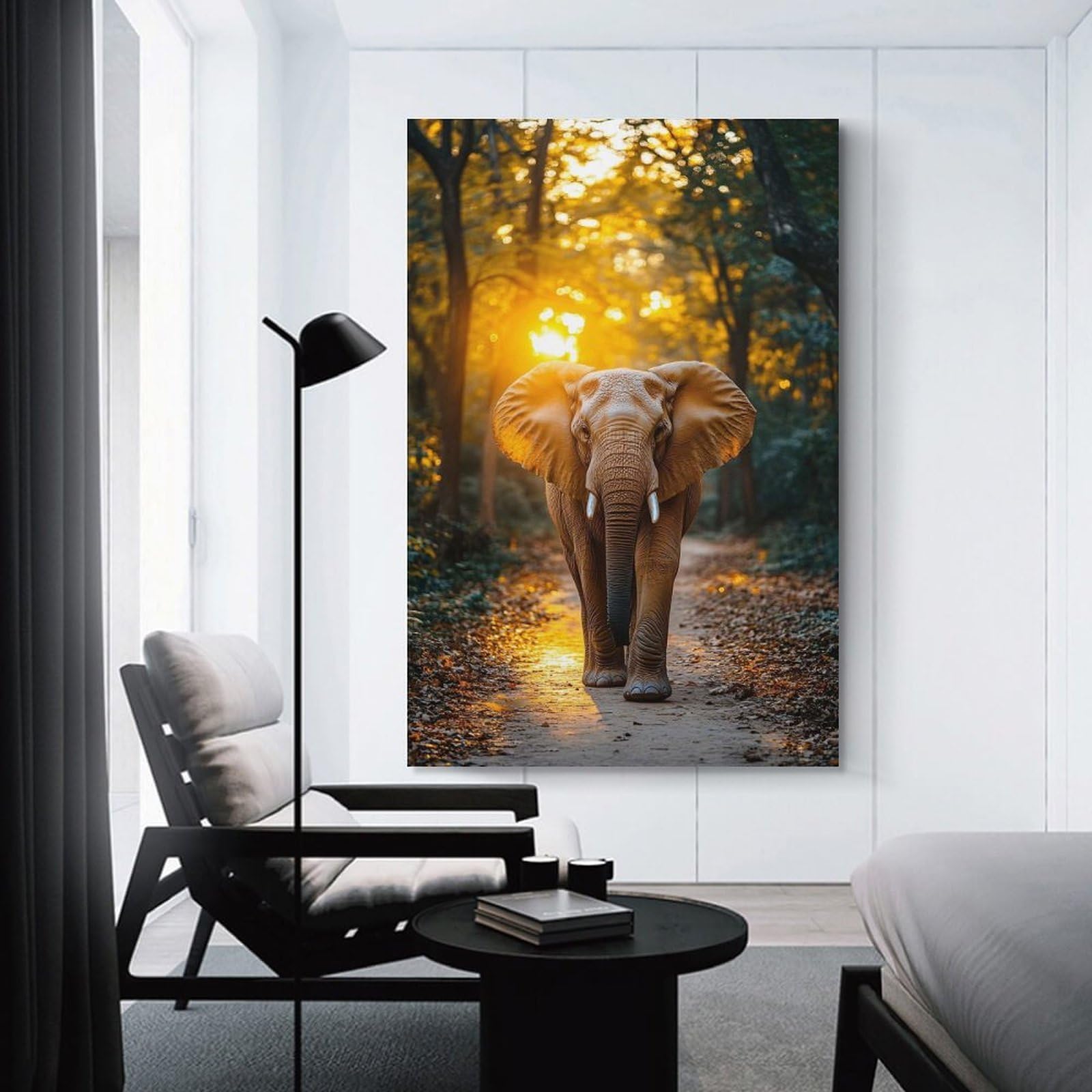 Junmoney Unframe-Style-13 Canvas Wall Picture Elephant Walking Through Forest At Sunset, 20X30inch(50X75cm), For Bedroom, Lounge Or Dressing Area, Stylish Decor For A Restful Room Update