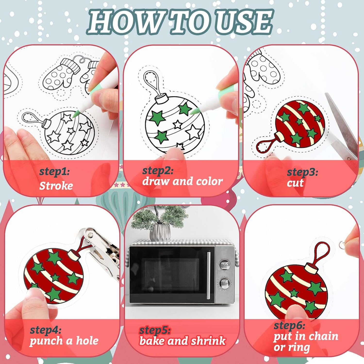 Cunno 135 Pcs Christmas Shrink Pape Kit 18 Heat Shrink Plastic Sheet with Christmas Pattern Hole Punch Keychain Accessories Shrinky Paper Art Craft Supplies for Keychain Making Xmas Party Favors