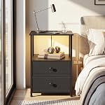 LOAKEKEL Ensemble de stands de nuit 2, Table de chevet avec station de recharge et LED Lumière, Table de chevet avec 2 AC Sorties et USB Ports, tableau final avec 2 tiroirs en tissu pour chambre, salon, noir, HETS02BK