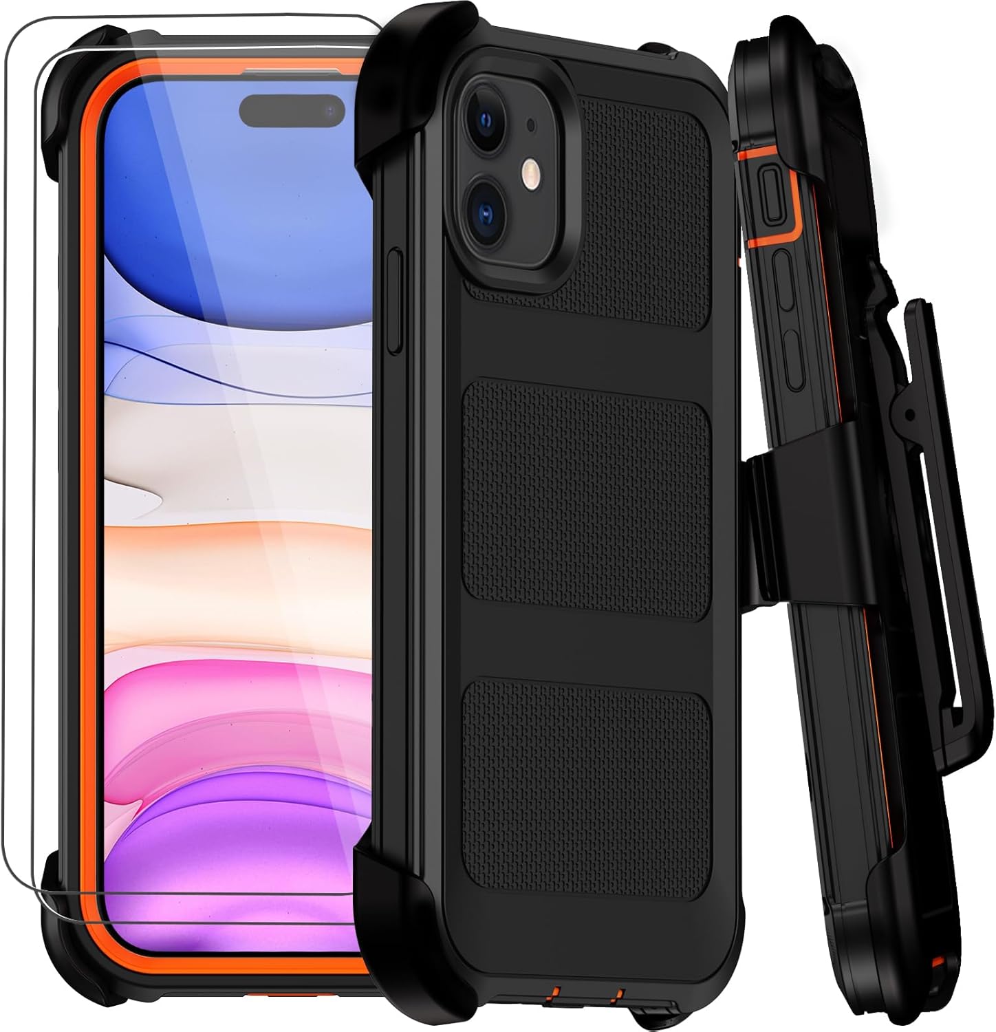 for iPhone 11 Case with Belt Clip Holster,Anti-Drop Shockproof Bumper Phone Cases w/2x Screen Protectors & Kickstand,Rugged Heavy Duty Military Grade Protective Defender Cover (Black Orange)
