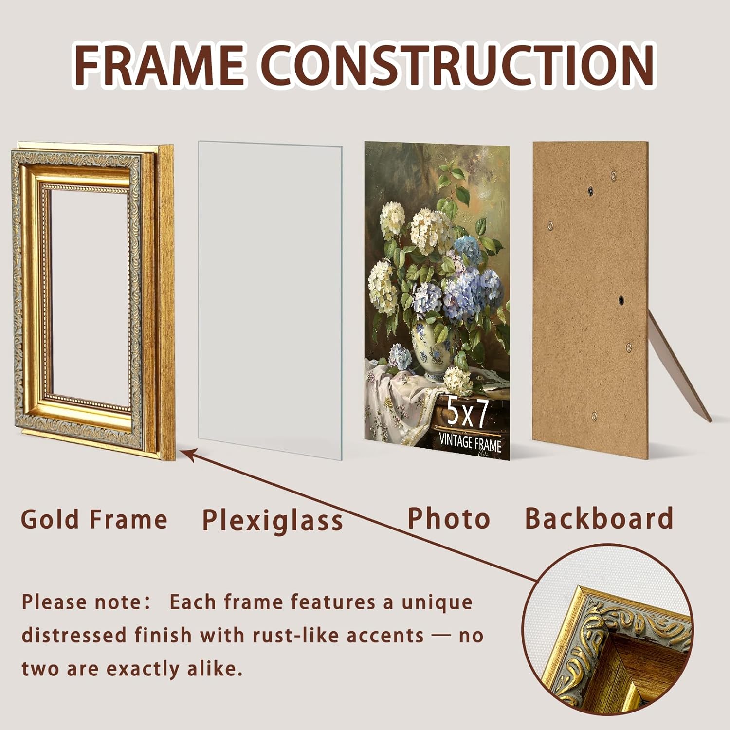 5x7 Picture Frame, Ornate Vintage Gold Picture Frames with HD Glass for Wall Hanging and Tabletop Display, 5 x 7 Antique Photo Frame with Distressed Rust-Like Finish, Retro Home Decor - Image 3