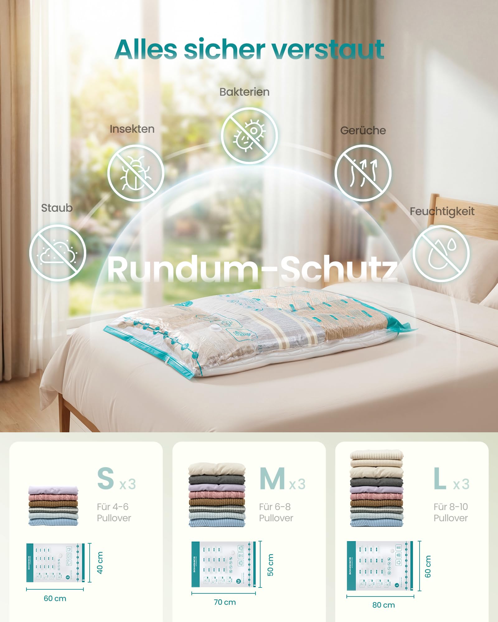 SONGMICS Bolsas de Vacío con Bomba Eléctrica Recargable y Portátil, Bolsas para Ropa, Sábanas, Armarios y Viajes, Compactas y Reutilizables, 9 Piezas, 3S/3M/3L, Transparentes LVB201W101 - 3