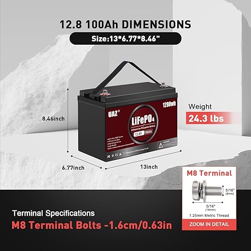 Miniatura 4 de UAZ Batería LiFePO4 de 12 V 100 Ah Batería marina de ciclo profundo de 1280 Wh, con BMS de 150 A, protección de baja y alta temperatura,