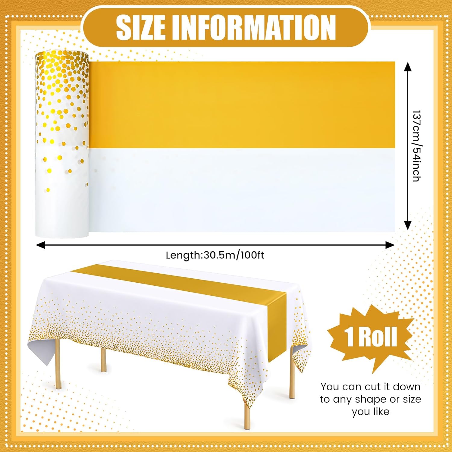 Jingmore 54 in x 100 ft Plastic Tablecloths Roll Disposable White and Gold Table Cover with Cutter Box Party Table Cloth for Wedding Birthday Party Decorations Supplies